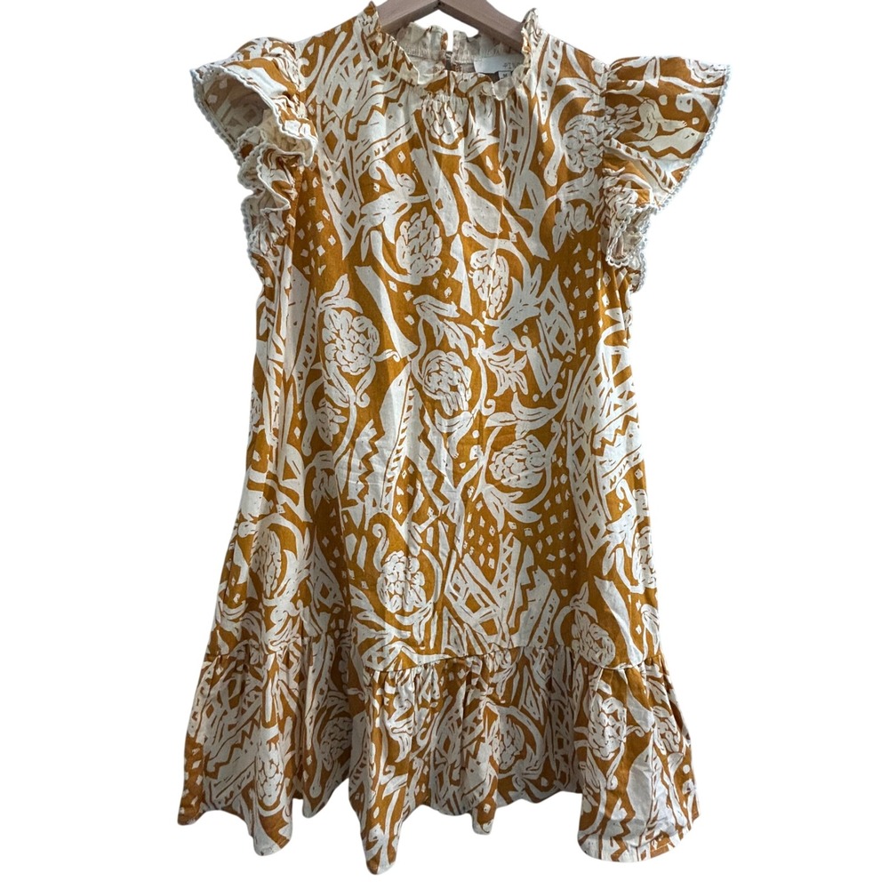 Pinch Mustard White Abstract Ruffle with Pockets Flutter Sleeve Dress Medium